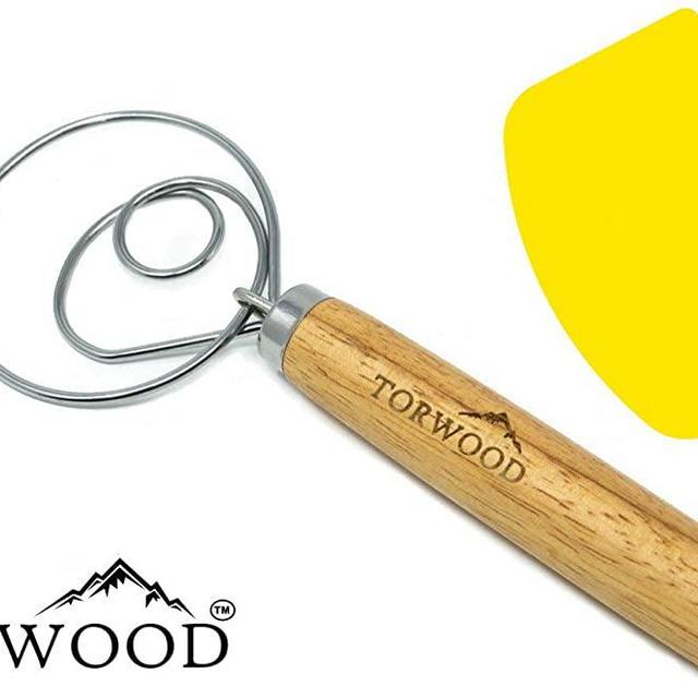 Torwood Danish Dough Whisk Bread Mixer Large 13.5 inches Stainless Steel Wooden Dutch Hook for Baking, Loaves, Pastries and Pizza, comes with a Dough Scraper