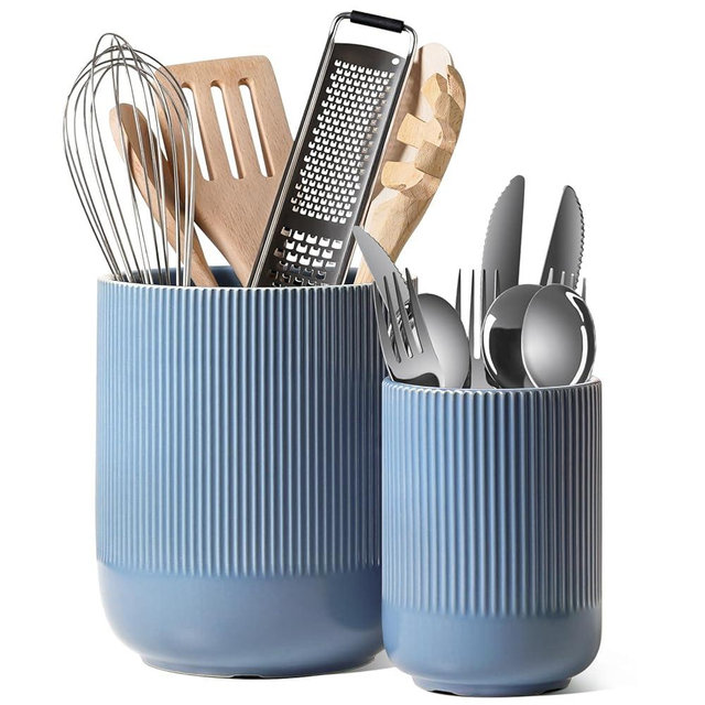 LE TAUCI Utensil Holder, 7.3"+5.4" Ceramic Kitchen Utensil Holder for Countertop, Large Cooking Utensil Crocks for Kitchen Counter, Morden Utensil Organizer for Spatula, Set of 2, Dusty Blue