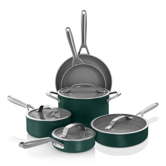 Ninja NeverStick Ceramic Pro,Non-Stick Pots & Pans Set with Glass Lids, PTFE Free, Ceramic Coated, Stainless Steel, Stove to Oven Safe to 660°F, All Stovetops & Induction Compatible,Green, CW39010GN