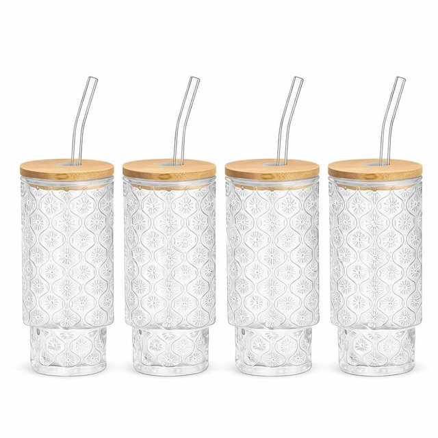 grinkpeak 11oz Glass Cups with Bamboo Lids and Glass Straws, 4 Pack Clear Iced Coffee Cups, Vintage Embossed Glassware, Suitable for Hot and Cold Beverages, Begonia Flower Pattern