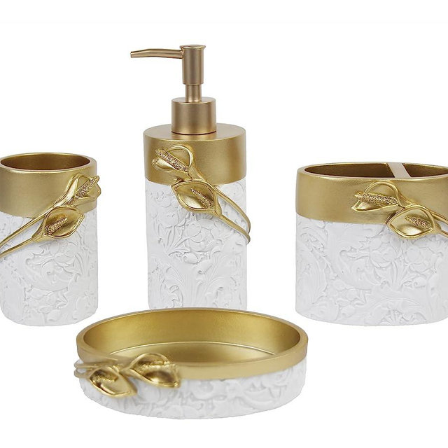 Hymmah Bathroom Accessories Set,Golden Design Toothbrush Holder,Farmhouse Bathroom Decor,4 Pcs Resin Gift Set Apartment Necessities, Contain Toothbrush Cup,Soap Dispenser,Soap Dish,Tumbler