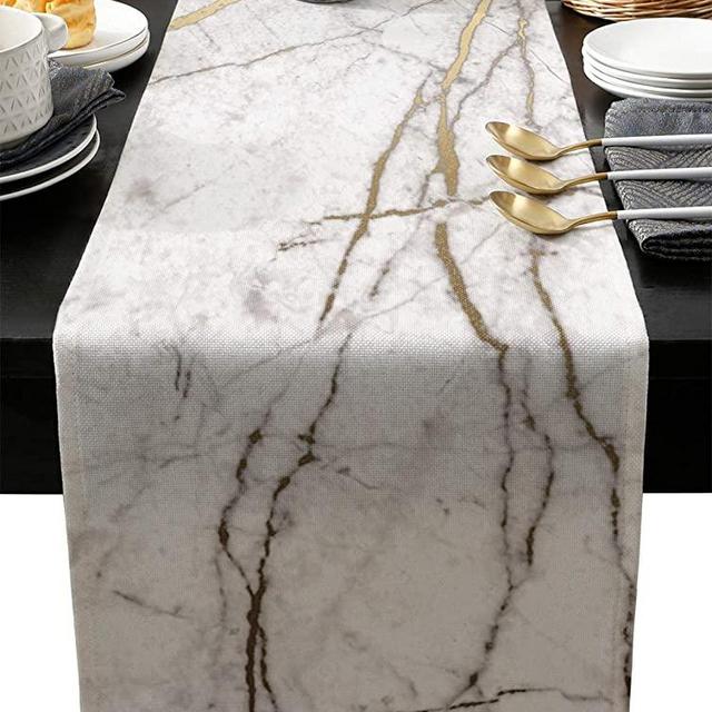 Marble Table Runner-Cotton linen-Long 90 inche White Gray Gold Dresser Scarves,Texture Tablerunner for Kitchen Coffee/Dining/Sofa/End Table Bedroom Home Living Room,Scarfs Decor for Holiday Dinner