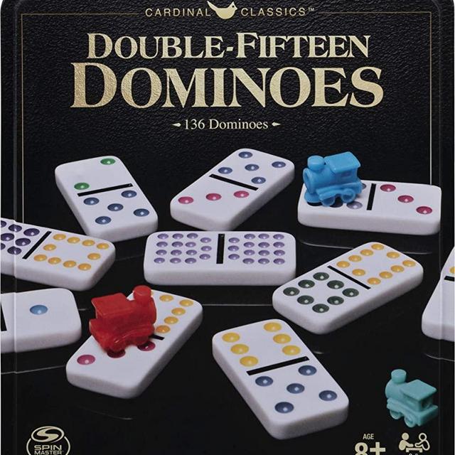 Spin Master Games Double Fifteen Dominoes Set in Storage Tin, for Families and Kids Ages 8 and up