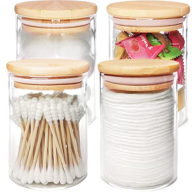 ZYIGYI 4 Pcs Glass Qtip Holder with Wood Lids, 10 oz Apothecary Jars Cotton Swabs Dispenser, Cotton Pads Canister for Bathroom Storage Organizer