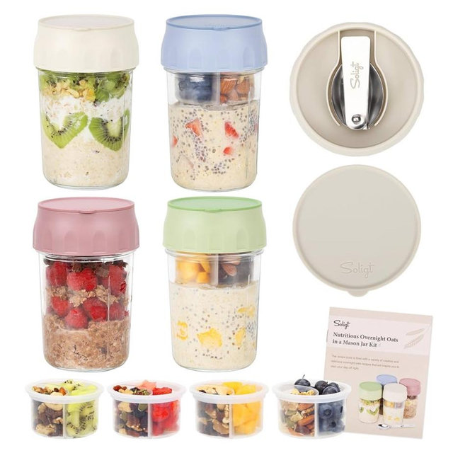 SOLIGT 4 Pack Overnight Oats Containers with Lids, Folding Spoons and Divided Compartments for Fruit & Nuts, Small Glass 16oz Mason Jars for Oatmeal (4 Set-Oat White/Green/Rose/Blue)
