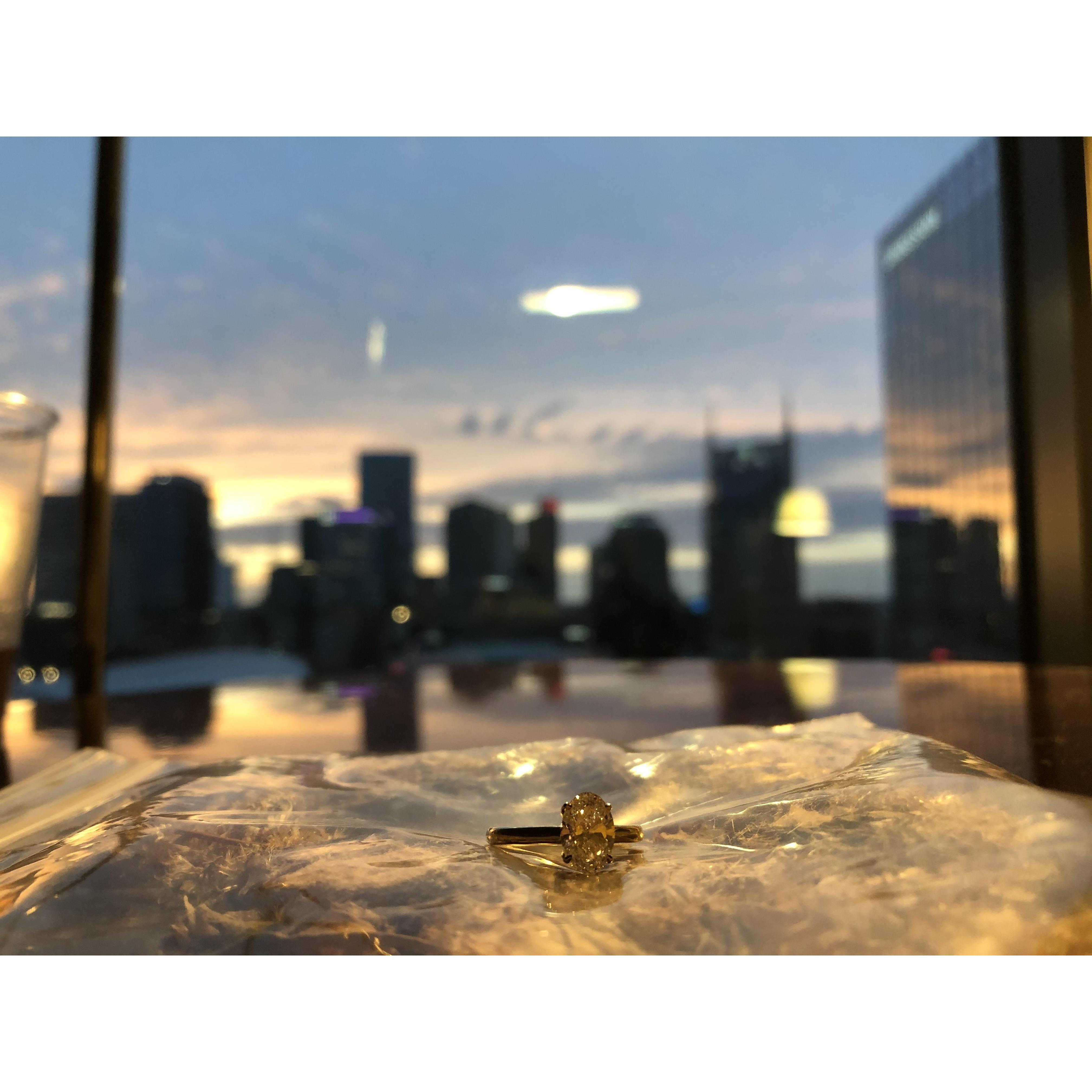 Max proposed April 16th, 2021 with a box full of dried flowers and greenery from something Lyn wove together and gave him during their first walk together in 2015. The ring box was underneath.