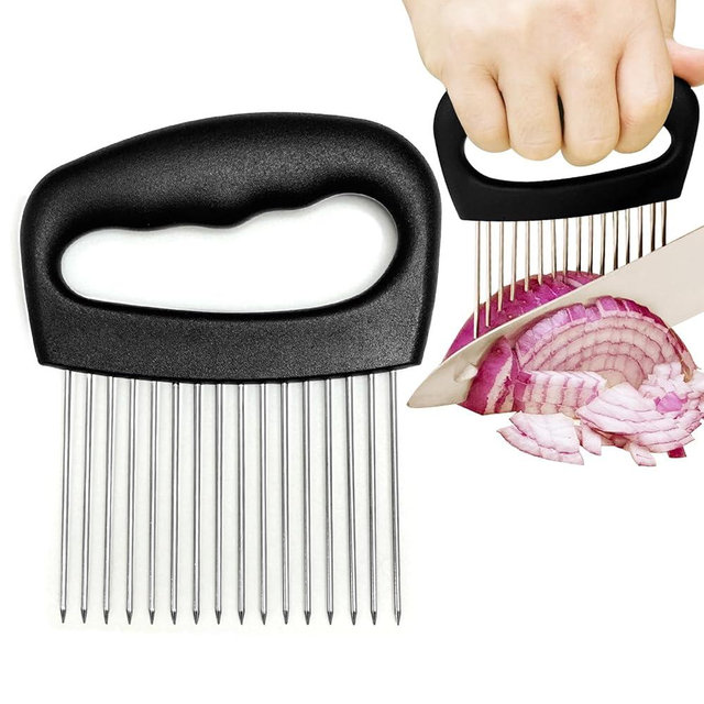 Furneet Extra-Large Onion Holder for Slicing, Onion Cutter, Onion Slicer Holder, Stainless Steel Tomato Slicer Vegetable Cutter for Potato, Tomato, Lemon, Meat Tenderizer, Kitchen Food Slicer Guide