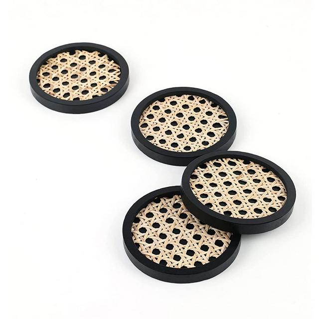 Unique Rattan Wood Coasters Round Shape Set of 4 Exclusive 4.2" Size Classic Black Wood Natural Handwoven Real Rattan Stylish Decor Protect Surfaces