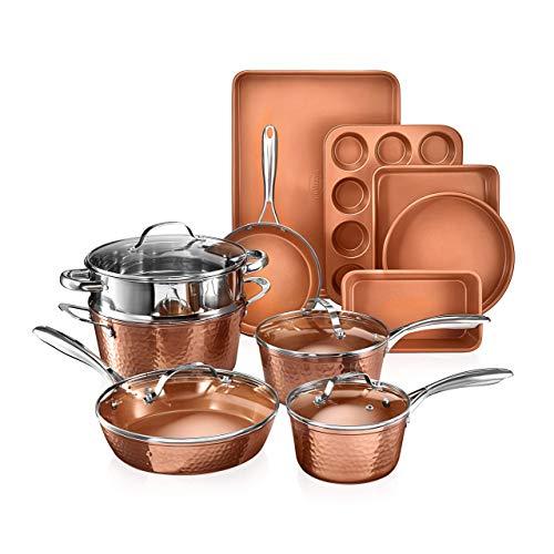 Gotham Steel Hammered Copper Collection – 15 Piece Premium Cookware & Bakeware Set with Nonstick Coating, Aluminum Composition– Includes Fry Pans, Stock Pots, Bakeware Set & More - Dishwasher Safe