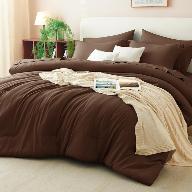 CozyLux King Size Comforter Set Brown, 7 Pieces Bed in a Bag King Comforter Set with Sheets, Soft Bedding Set with Down Alternative Comforter, Fitted Sheets, Flat Sheets, Pillow Shams and Pillowcases