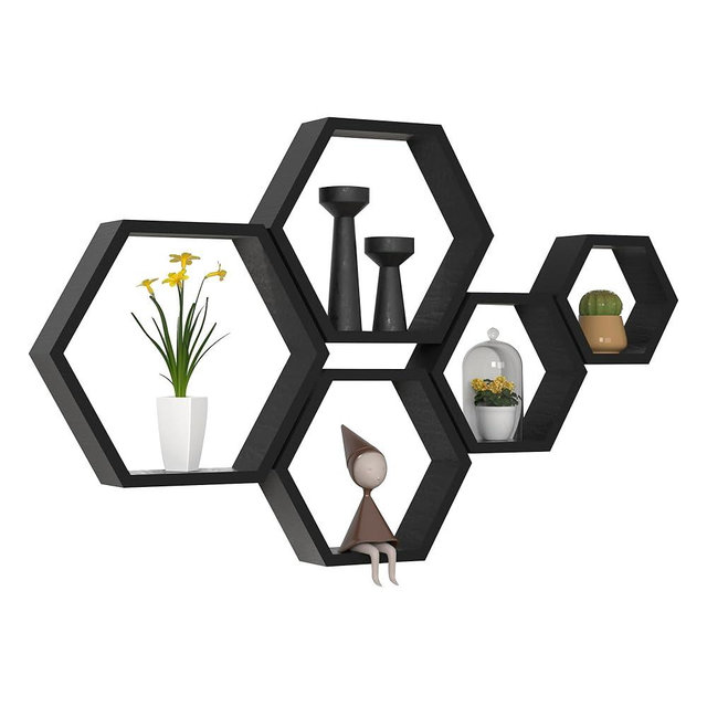 WONFUlity Hexagon Floating Shelves Honeycomb Shelves Wall Mounted Wood Farmhouse Storage Wall Shelf for Bathroom, Kitchen, Bedroom, Living Room,Driftwood Finish Wall Decor, Black