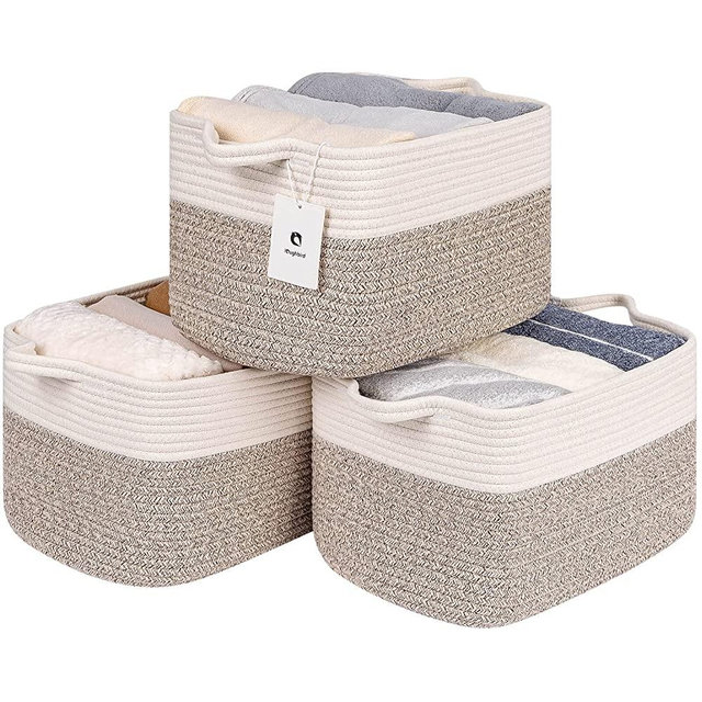 Laughbird Large Woven Basket With Handles for Shelves ,Toys ,Book, Cloth Storage Baskets for Organizing-15"x10"x8.6" Nursery Cube Bin,Decorative Storage Organizer for Living Room, Bathroom by （White/Brown 3bags）