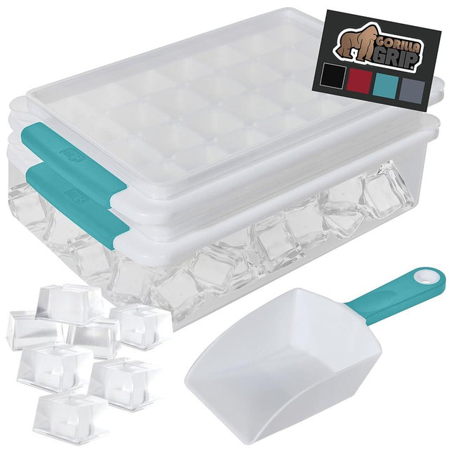 Gorilla Grip Stackable Ice Cube Tray and Bin Set, Includes 2 Trays with Lid and Scooper, Easy Release, Makes 56 Cubes for Cocktail Soda Coffee, Leak Proof Freezer Bucket Kit, Kitchen Gadget, Turquoise