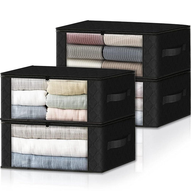 HomeHacks Storage 4-Pack Clothes Organizer Storage Bags Foldable Storage Box with Large Clear Window Sturdy Handles for Closet, Dorm, Pillows, Bedding, Clothes, Stuffed Toys, Blankets, 35L, Black