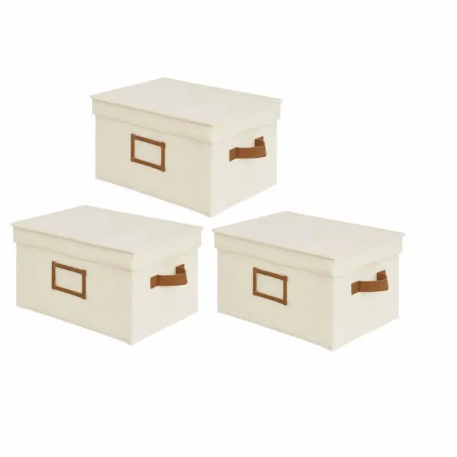 Aoibox Ivory White Canvas Storage Bins with Lids and PU Handles Large Decorative Closet Organizer Boxes 3 Pack