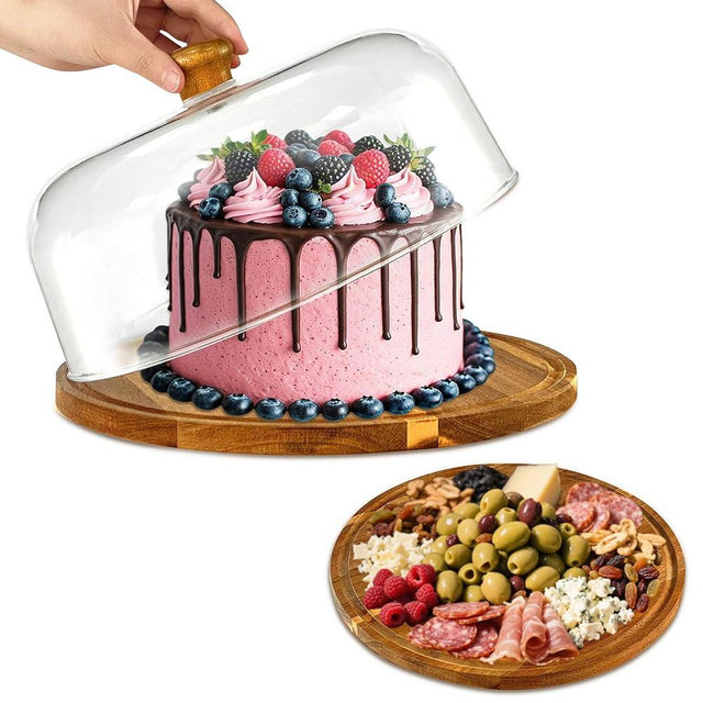 Mozphae Wood-Cake-Stand With Acrylic Dome Lid, Round Wooden Cake Holder Plate With Cover, 2-in-1 Dessert Table Display Set For Party, Charcuterie Board For Cheese, Chips & Dips, Nachos, Fruit Platter