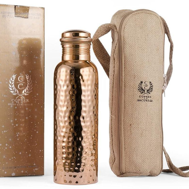 Copper Water Bottle with Jute Bag - 34 Oz Extra Large, Pure Copper Vessel for Drinking - Drink More Water - Copper Bottle for Health Benefits, Home, Office, Sports and Gifting