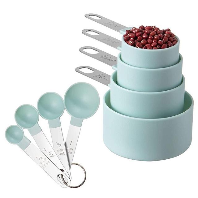 Measuring Cups and Spoons Set of Huygens Kitchen Gadgets 8 Pieces, Stackable Stainless Steel Handle Measuring Cups for Measuring Dry and Liquid Ingredient (Lake blue)