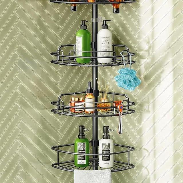 HAMITOR Corner Shower Caddy Tension Pole: 4-Tier Rust-Resistant Adjustable Bathroom Organizer Shelves - 47-121 Inch No-Drill Quick Installation - Space-Saving Storage for Renters Families - Black