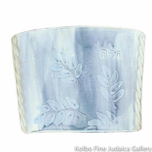 Challah Plate, Ceramic with Blue Glaze, Leaf Design, Medium