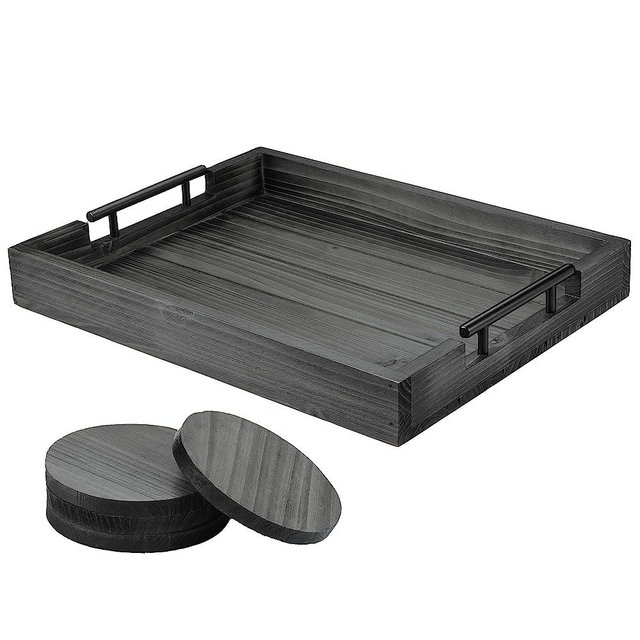Berry Store Ottoman Tray with Handle for Living Room – Set of 4 Natural Wooden Coasters – Rustic Serving Tray for Coffee Table – Kitchen Decorative Tray with Handles (Dark Grey)