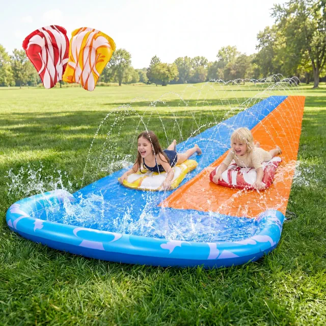 Joyfy 32.5ft Slip Water Slide with 2 Inflatable Boards, Summer Double Lawn Water Slip with Sprinkler, Splash Mat Pad for Kid Adult Summer Water Fun