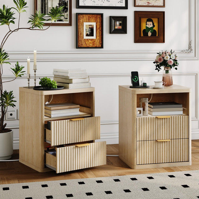 Modern Fluted Nightstand with Charging Station, Drawer Bedside Table with Open Shelf, Vintage Style for Bedroom Living Room, Light Oak & White