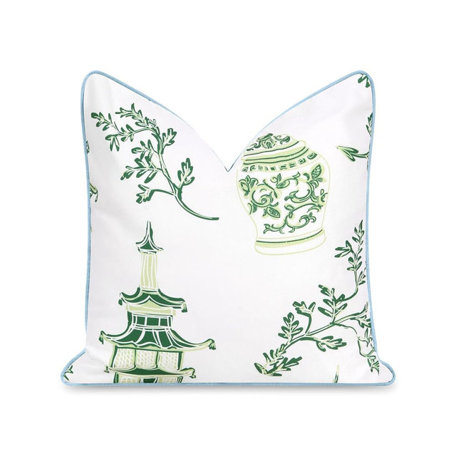 Hofdeco Premium Coastal Patio Indoor Outdoor Throw Pillow Cover Only, 20"x20" Water Repellent for Backyard, Couch, Baby Blue Green Chinoiserie with Piping