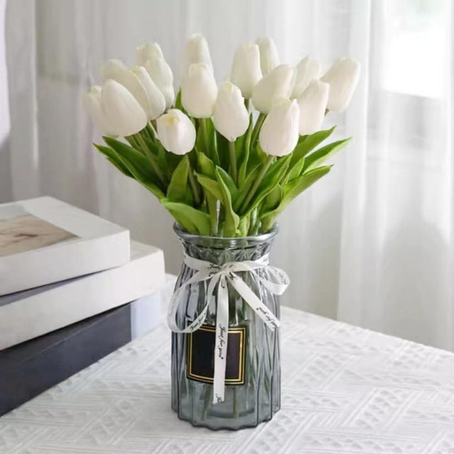 SHINE-CO LIGHTING Artificial Tulips 20Pcs Real Touch Fake Tulips PU Flower Arrangement Bouquets for Home Party Decoration (White)