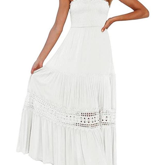 ZESICA Women's 2023 Summer Bohemian Strapless Off Shoulder Lace Trim Backless Flowy A Line Beach Long Maxi Dress