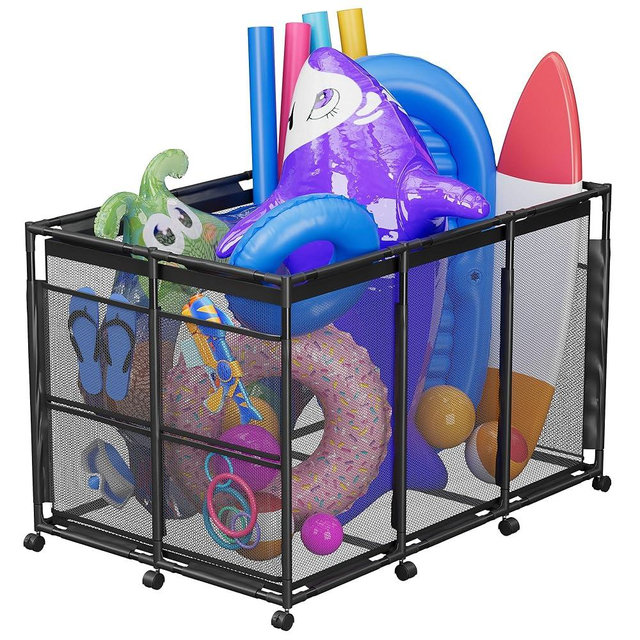 POOLHOUR Pool Float Storage – Outdoor Pool Toy Storage Organizer for Pool Noodles, Toys, Floats, Balls,Equipment, Mesh Rolling Storage Organizer Bin, Black