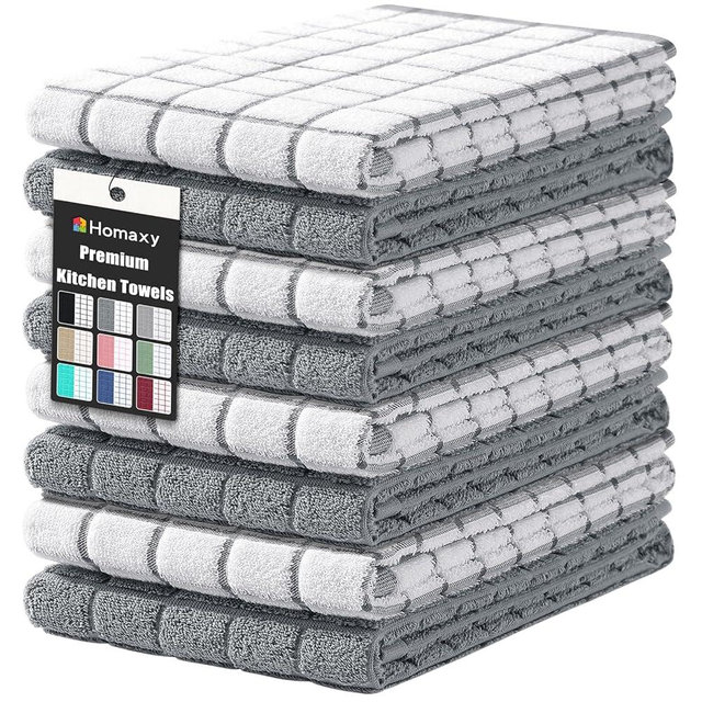 Homaxy Premium Cotton Kitchen Towels 16"x 28", Large Natural Ring Spun 390 GSM Dish Towels, Super Absorbent Terry Kitchen Hand Towels, Soft Tea Towel with Hanging Loop, Grey Check Design, 8 Pack
