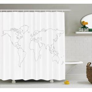 Map Shower Curtain, Simplistic Design World Map Outline with Thin Black Line Drawing Abstract Continents, Fabric Bathroom Set with Hooks, 69W X 75L Inches Long, Black White, by Ambesonne