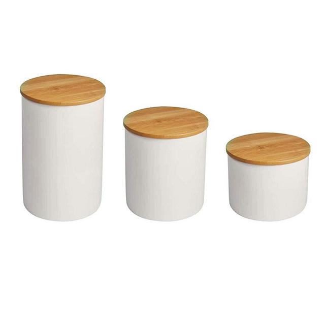 Food Storage Jar with Bamboo Lid- White Ceramic Food storage canister for serving Coffee, Tea, Bean and More/A Set of 3pcs