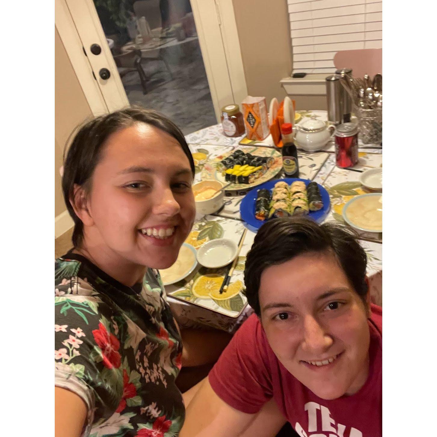 Our favorite date night activity is making sushi together. Nelly's become a pro inventing her own sushi flavors and Sonya helps with the eating part.