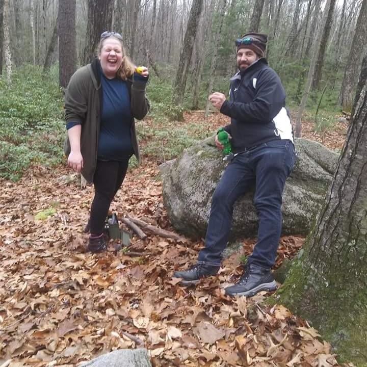 Nov. 25, 2021 - Joe got a picture of his friend Haley and Shawn showing off geocache treasure in Monson, NH.