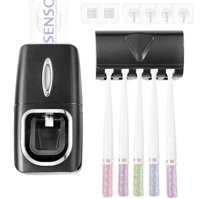 RIDGEPOLE Toothbrush Holder and Toothpaste Dispenser Set, Automatic Toothpaste Squeezer Dispenser, Dispenser Toothpaste Squeezer Kit, Wall Mounted Bathroom Accessories (Black)