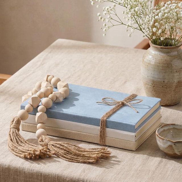 Feifeiya 3 Pieces Faux Decorative Books Set for Home Decor Fake Book for Shelves Coffee Table Stacked Linen Covered Display Notebook with Wood Bead Bookend Gift for Living Room(Gray Blue)