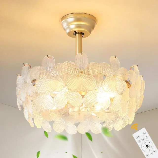 KAISITE 19.3" Modern Caged Ceiling Fan with Light, Remote Control, Crystal Petal Shades – Flush Mount for Bedroom, Living Room
