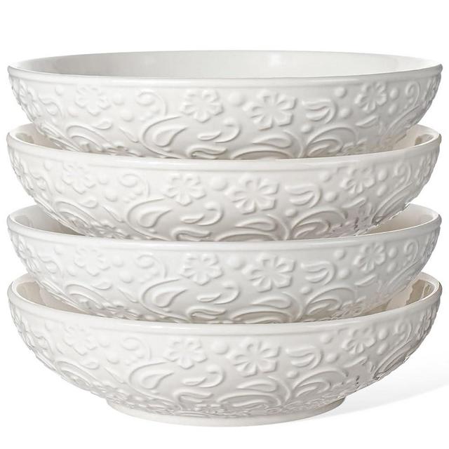 Artena Pasta Bowls 32oz, Ceramic Large Salad Bowls 8 inch, Embossed Soup Bowls Set of 4, White Serving Bowls for Entertaining, Wide Shallow Dinner Bowls, Microwave Dishwasher Oven Safe (Flower)