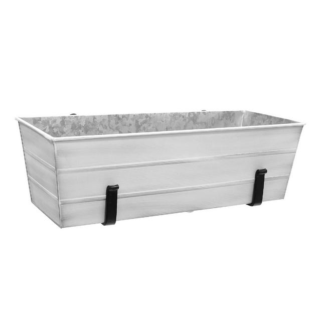 24"W Rectangular Flower Box Whitewashed Galvanized Steel with Black Wrought Iron Clamp-On Brackets - ACHLA Designs
