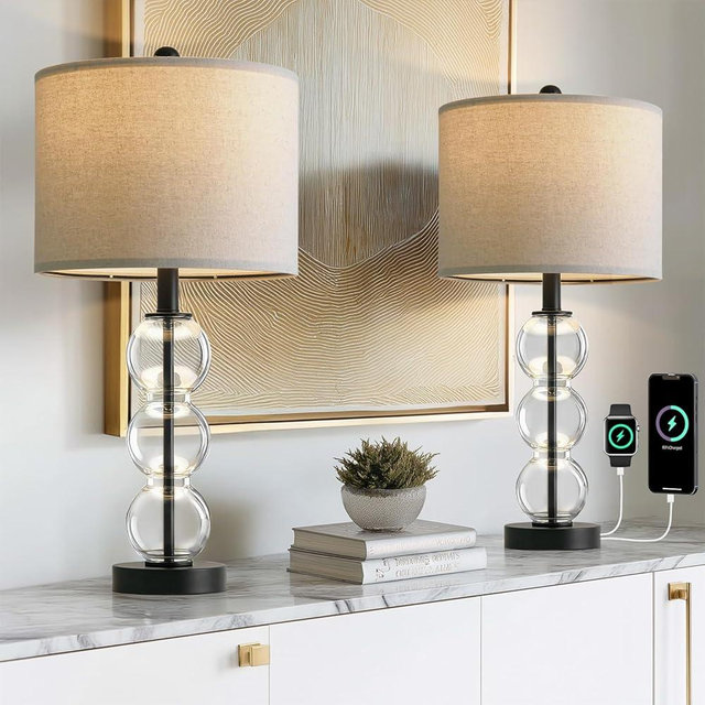 Oneach 25" Glass Table Lamps Set of 2, Black Modern Table Lamps with USB Ports for Living Room, Linen Shade Bedside Lamps for Bedroom, Nightstand, Side Table (Bulbs not Included)