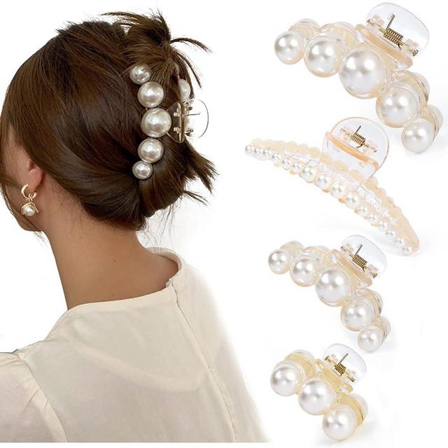 Mehayi 4 PCS Large Pearl Hair Claw Clips for Women Girls, Hair Barrette Clamps for Thick Thin Hair, Fashion Hair Accessories Headwear Styling Tools for Party Wedding