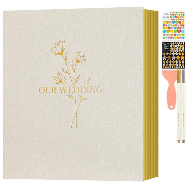 Lanpn Wedding Self Adhesive Photo Album Scrapbook 80 Pages, Linen Photos Albums DIY Sticky Magnetic Pages holds 4x6 5x7 A4 A5 Picture for Wedding (Large, 40 sheets, Beige)
