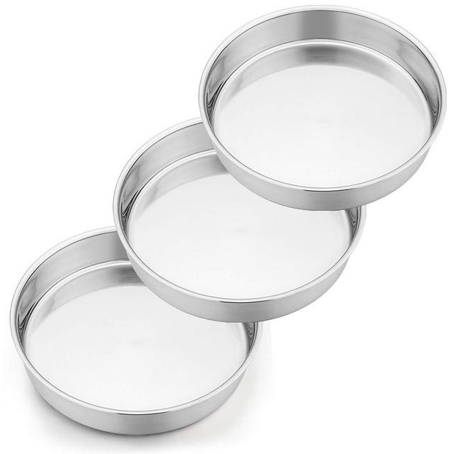 P&P CHEF 9½ Inch Cake Pan Set, 3 Pcs Round Baking Cake Pans Stainless Steel for Birthday Wedding, Healthy & Durable, One-piece Construction & Leakproof, Mirror Finish & Dishwasher Safe