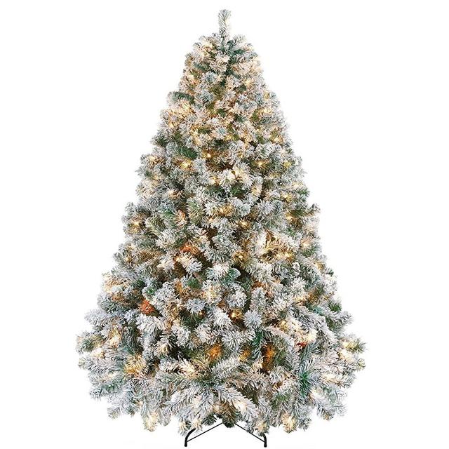 Yaheetech Pre-lit Artificial Christmas Tree with Incandescent Warm White Lights, Snow Flocked Full Prelighted Xmas Tree with Foldable Stand(6ft, White)