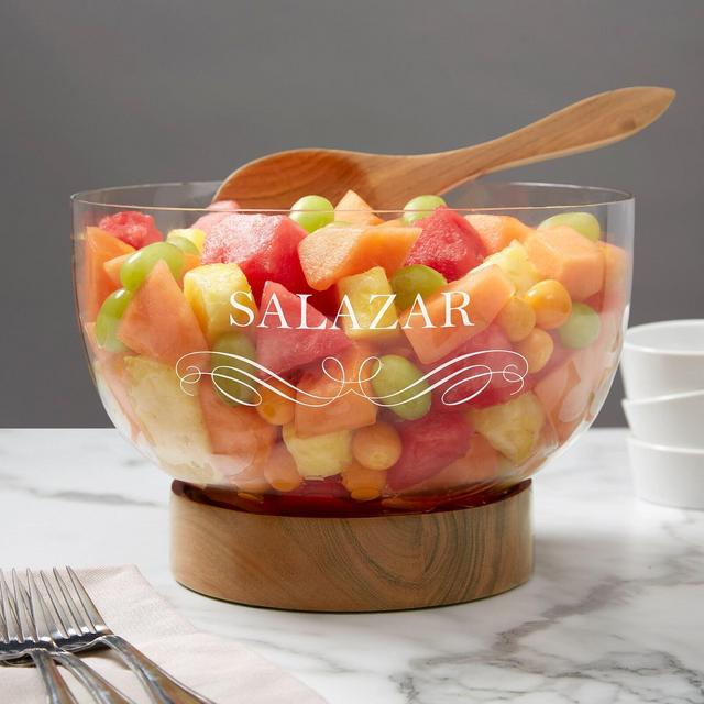 Classic Kitchen Salad Serving Bowl with Wood Base, Personalized Serving Bowls, New Home Gift, Gifts for Couples, Custom Decorative Bowl