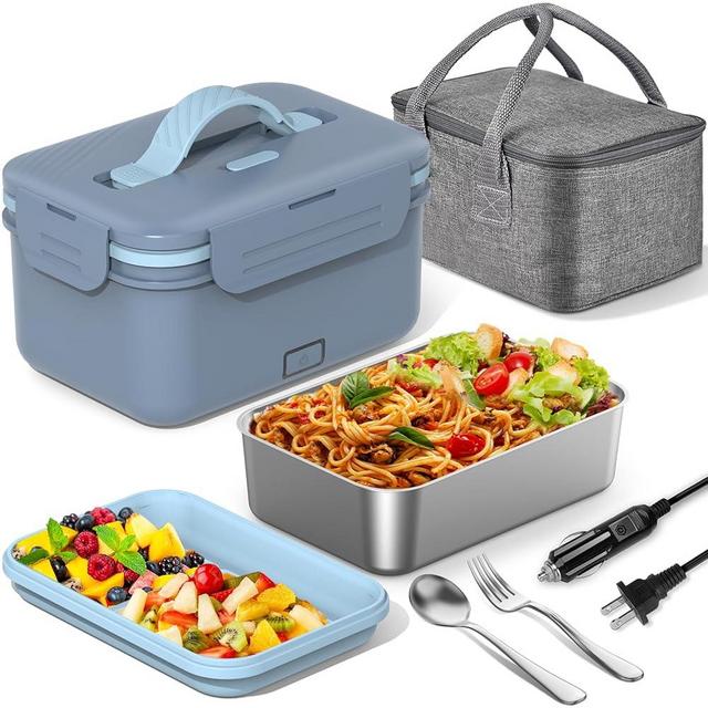 Electric Lunch Box Food Heater, 1.8L Heated Lunch Box for Adults for Car Truck, 12V/24V/110V/220V Portable Food Warmer Lunch Box, 100W Heating Lunchbox for Work (Blue) White Elephant Gifts for Adults