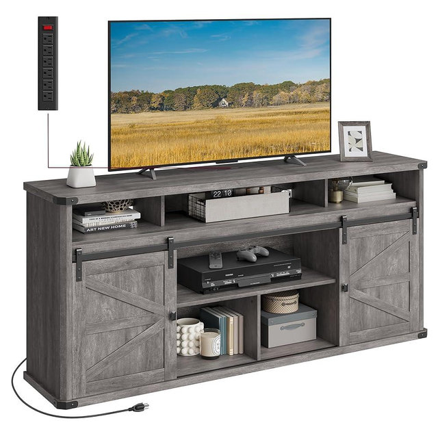 VASAGLE TV Stand for 75 Inch TVs, Farmhouse Entertainment Center With Sliding Barn Doors, Console Table for Living Room, Misty Gray ULTV323G68