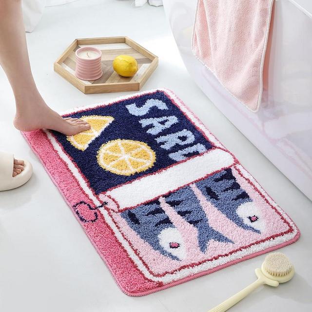 TRUEDAYS Sardine Can Bath Mat, Blue and Pink Bathroom Rugs for Bedroom, Soft Washable Rug Non Slip Cute Kitchen Bath Mats for Bathroom Funny Cartoon Fish and Lemon